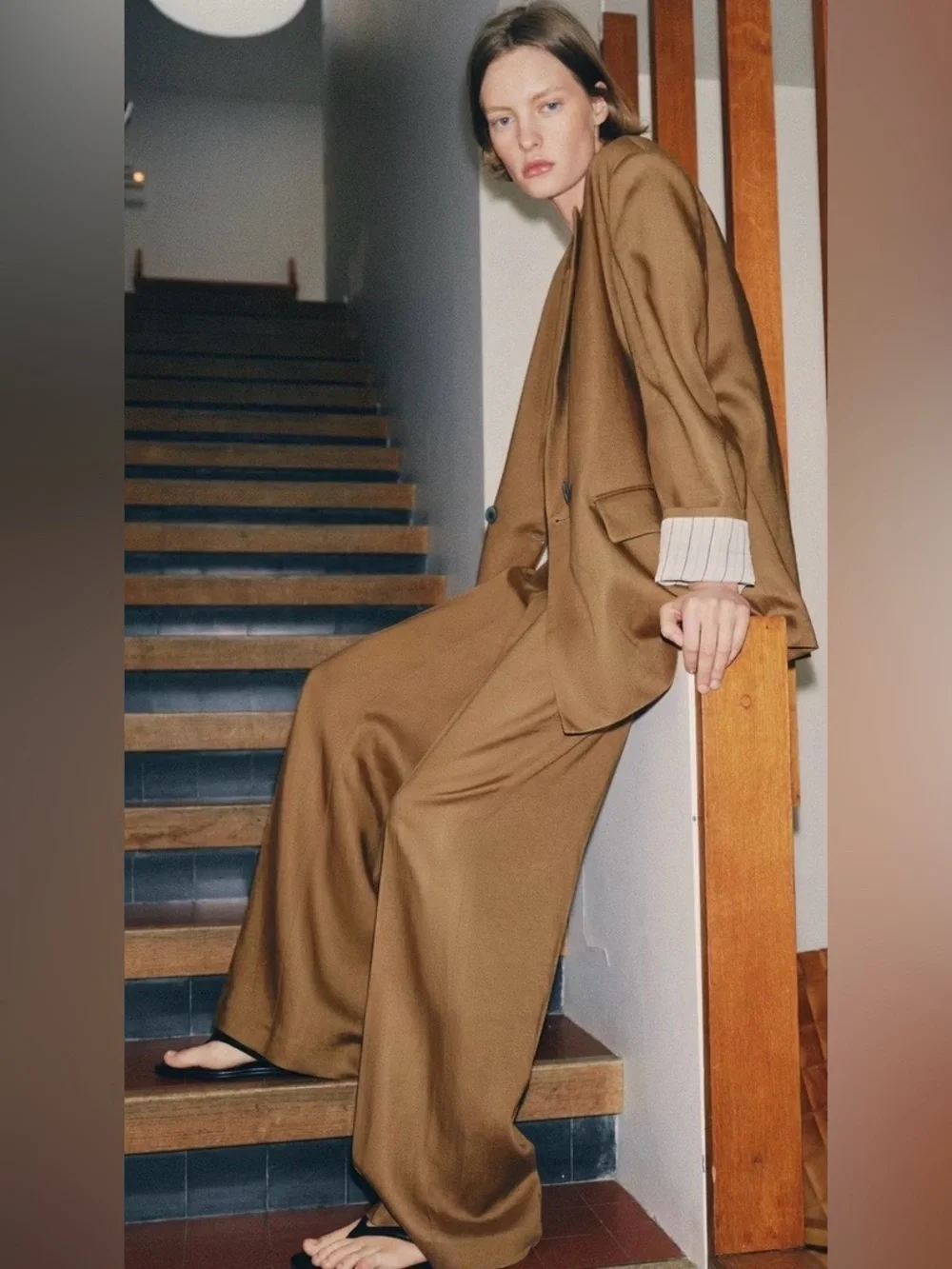 Zara NWT Brown Linen Blend High Rise Straight Leg Tailored Trousers